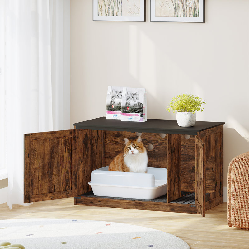 Enceinte de litière pour chat avec coussin, meuble de litière caché avec séparateurs amovibles, entrée réversible à gauche ou à droite, chatière, brun rustique et noir