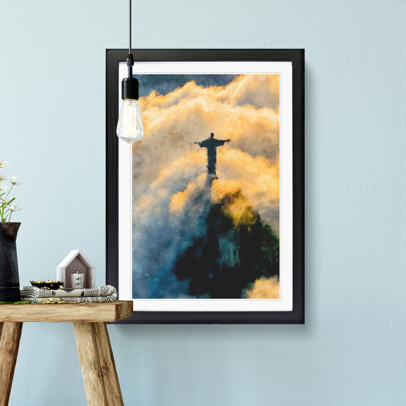 Christ The Redeemer In Brazil - Single Picture Frame Painting on MDF, 87cm H x 62cm W x 2cm D, Black Framed