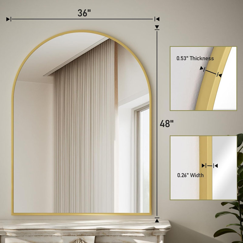 Arched Bathroom Mirror - Gold Wall Mounted Vanity Mirror Aluminum Alloy Frame Large Arch Wall Mirror for Living Room, Bedroom and Entryway