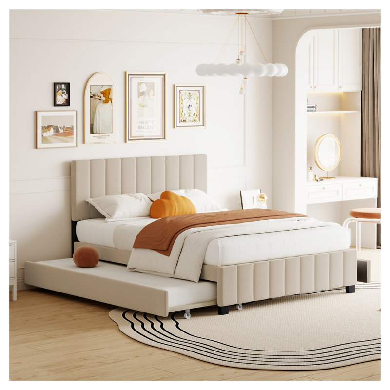 Grand lit plateforme tapissier en velours avec lit gigogne simple et tiroirs de rangement - beige