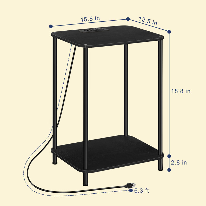Table d'appoint carrée arrondie - noire avec station de charge