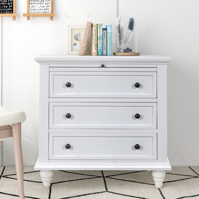 Table de chevet avec 3 tiroirs et pieds robustes, Blanc