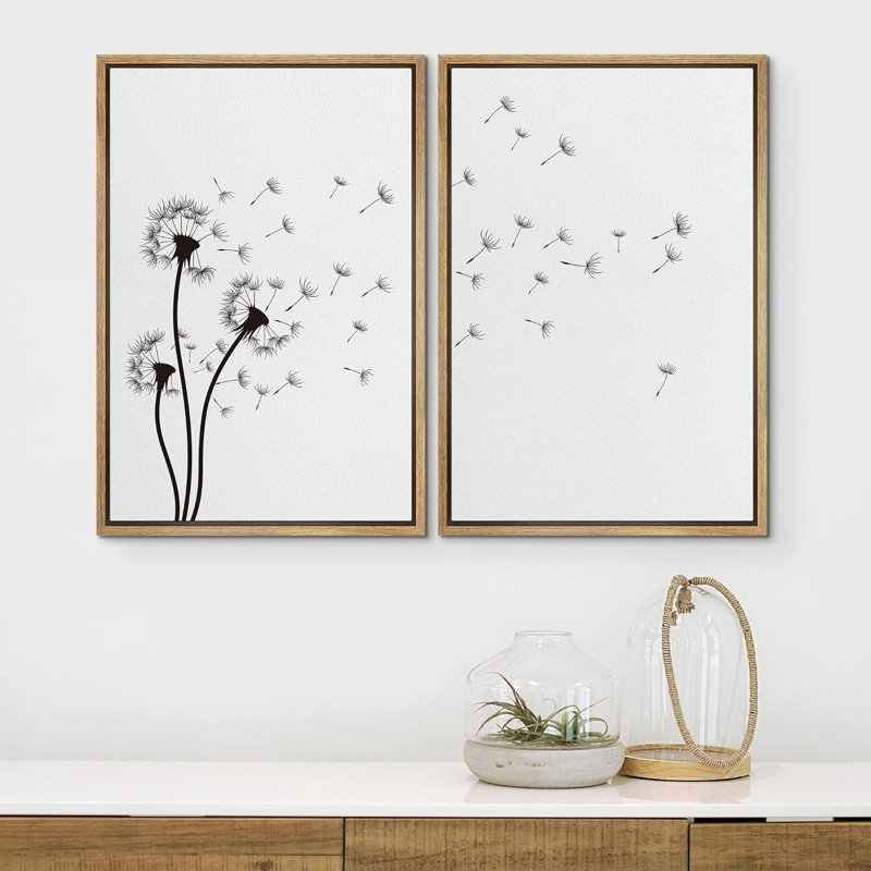 «Black and White Dandelion Minimalist Botanical Decor», reproduction d'art sur toile encadrée 2 pièces, Naturel