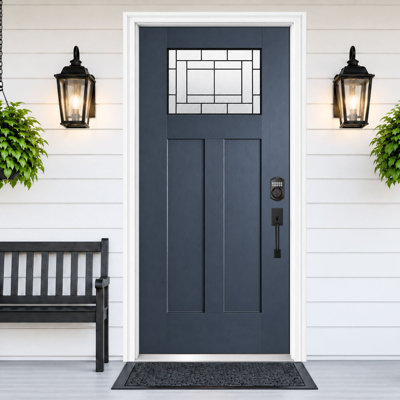 36 In. x 80 In. Blue Fiberglass Front Entry Door, Left-Hand Inswing,Tempered Privacy Glass with Decorative Caming Knock-Down Design, 6-9/16 In. Vinyl Frame & Brickmould