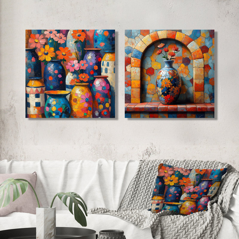 Floral et poterie au Maroc I - décoration murale poterie marocaine - art mural traditionnel 2 pièces, Toile tendue