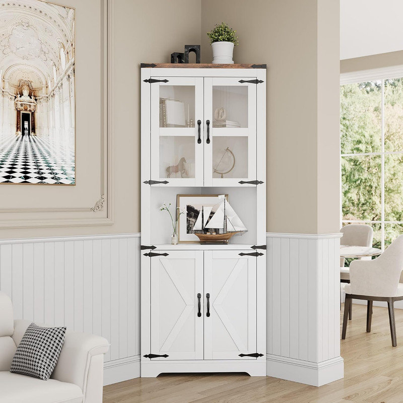 69" Tall Triangle Corner Cabinet with Glass Doors & Open Shelf, 6-Tier Space Saver Storage for Bathroom, Living Room, Kitchen, Hallway