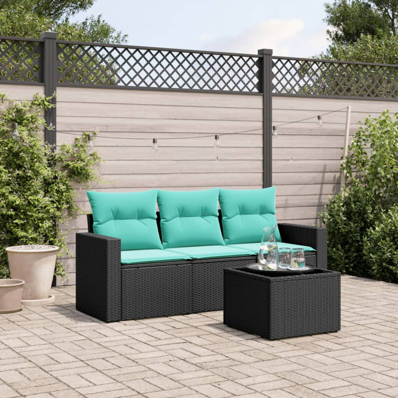 Ensemble de canapé de patio 4 pièces avec coussins en rotin de polyester, Bleu clair, Noir