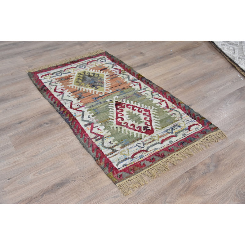 Tapis vert / rouge / orange en coton fabriqué à la main Jakobe Kilim, Rectangle 8 pi x 10 pi