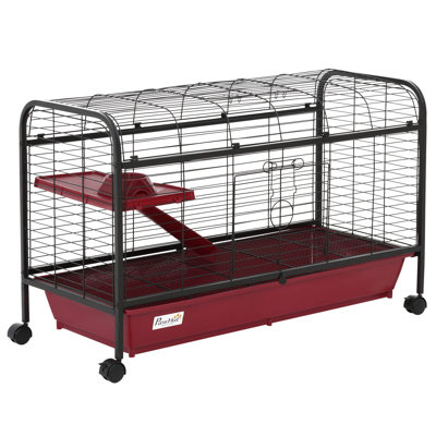 Small Animal Cage, Rabbit Hutch, or Ferret Pet Play House with Feeder, Rolling Wheels, Platform, Ramp
