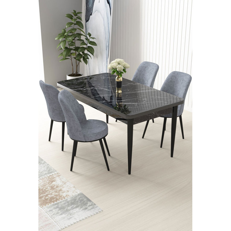 Ensemble de table et chaises de salle à manger moderne 5 pièces, marbre noir et gris | Table en carton 100% enduit de mélamine, table: 43,3 po x 29,9 po x 27,6 po | Pieds en métal et chaises en tissu Jerry (4) | Confortable dossier 22 en mousse et siège 28 en mousse