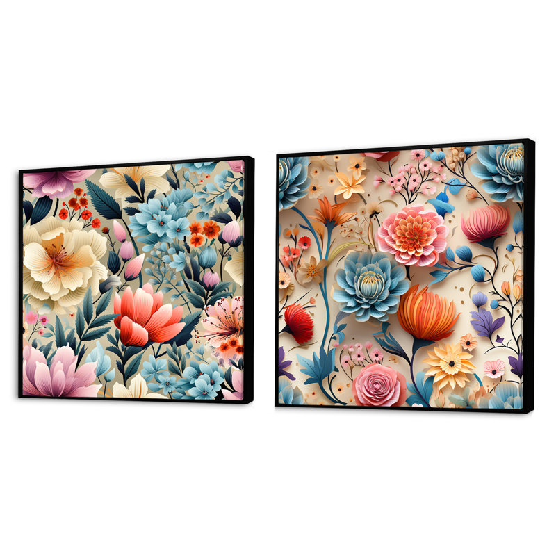 Cassandre - Ensemble de 2 collages carrés floraux, Cadre flottant noir, H 36 po x l 73 po