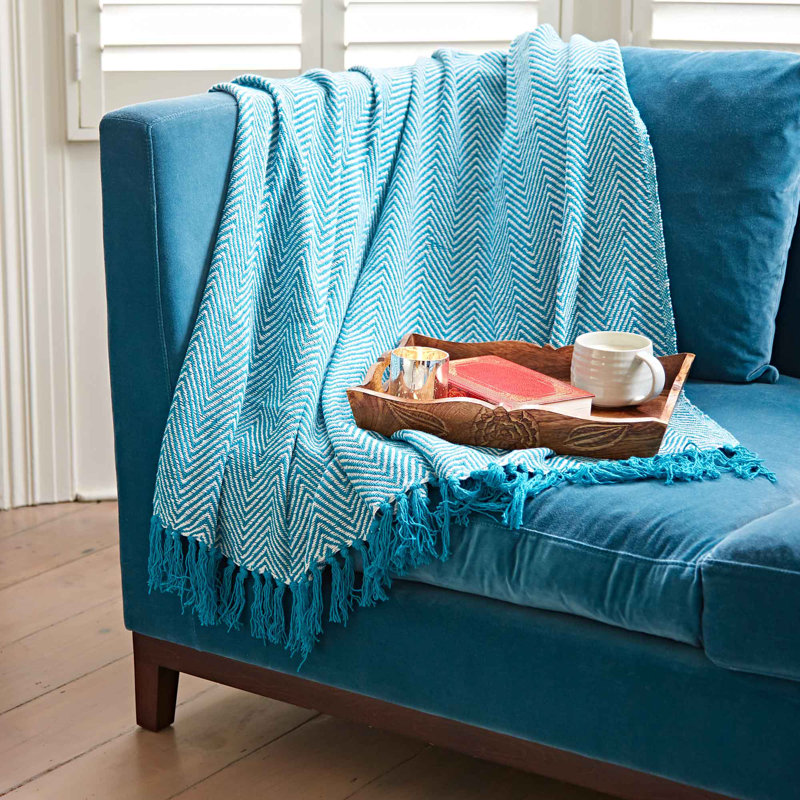 Chevron Recycled Cotton Throw, Turquoise