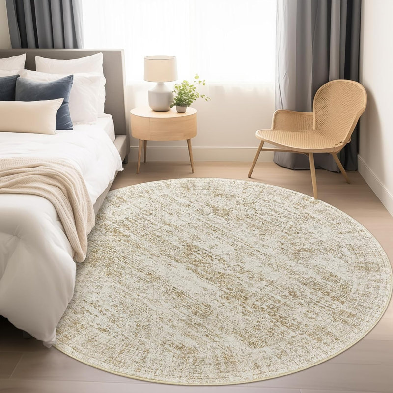 Vintage Distressed Non Slip Washable Area Rug(Beige), Round 6'