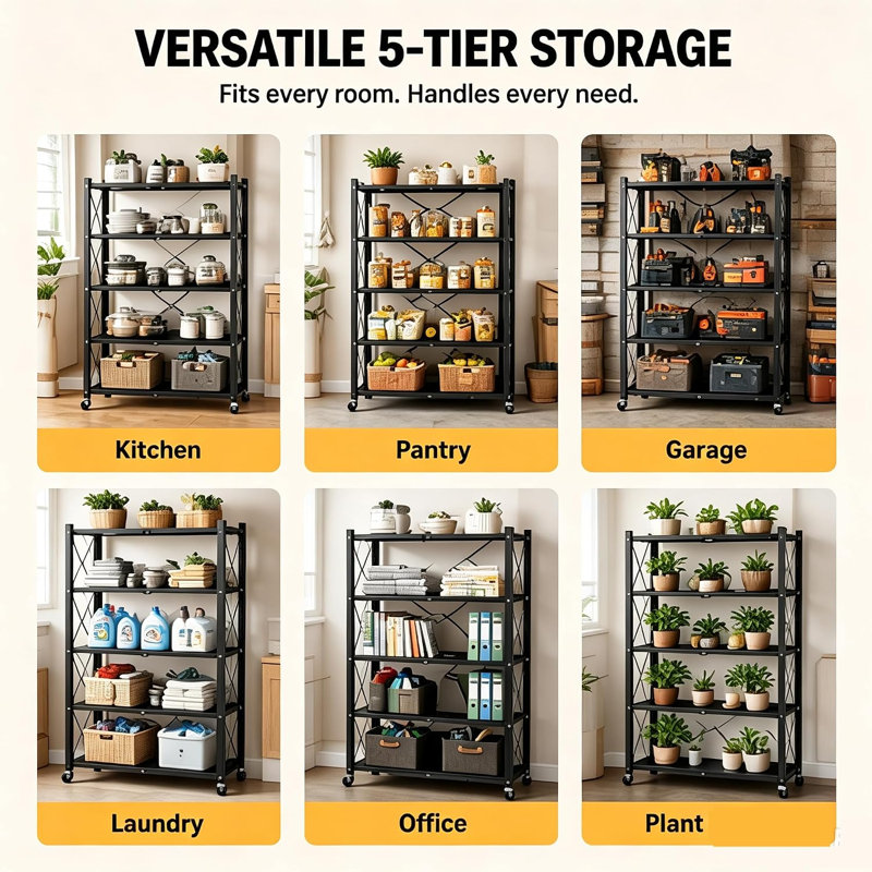 Étagère de rangement pliable à 5 niveaux avec roulettes, idéale pour la cuisine, cet organisateur en métal robuste convient parfaitement aux bibliothèques, garages, celliers et bureaux. Dimensions : 71 cm (L) x 34 cm (P) x 145 cm (H). Couleur : noir.