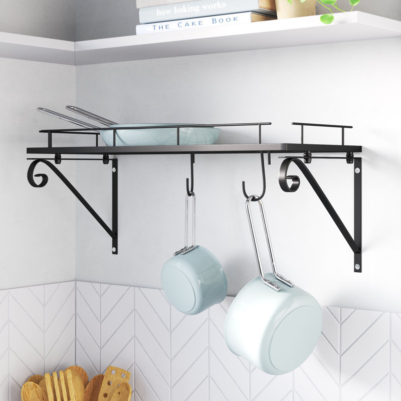 Black Metal Wall-Mounted Pot and Pan Rack with Hooks