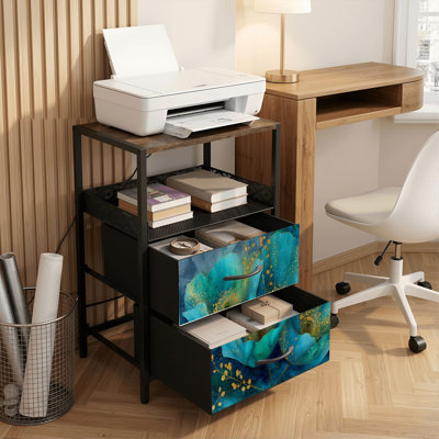Table de chevet 2 tiroirs avec station de charge, table de chevet pour chambre à coucher avec ports USB, tablette ouverte noire, table de chevet avec imprimé floral bleu sarcelle à détails de pétales