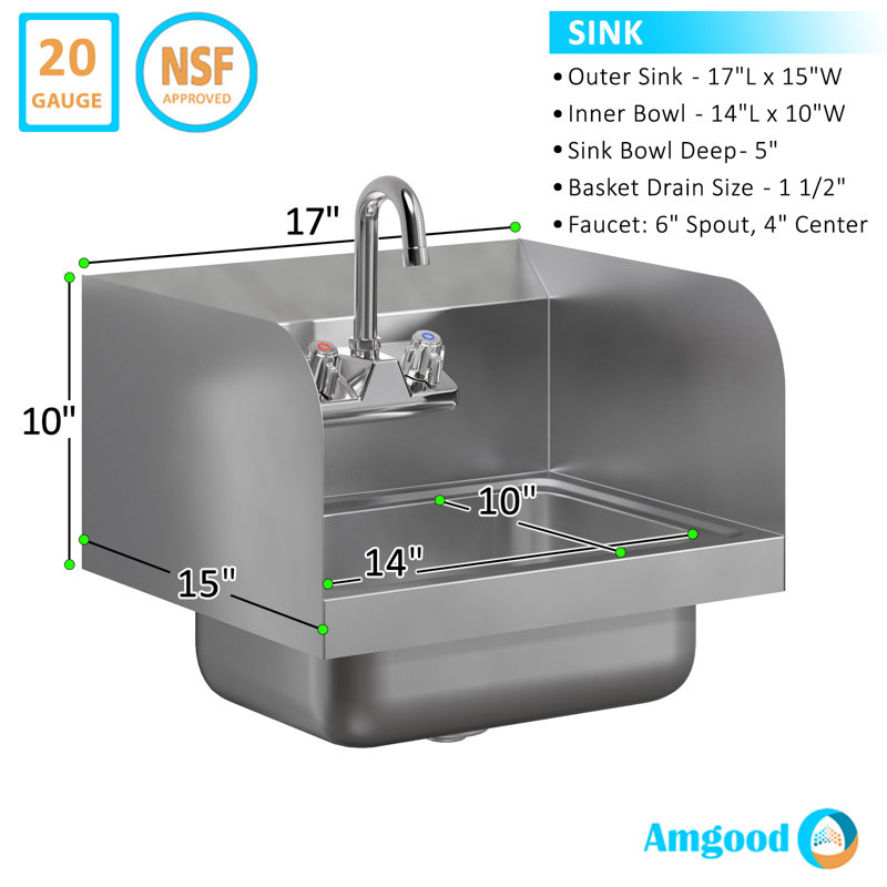 17in Stainless Steel Wall Mounted Hand Sink with Gooseneck Faucet