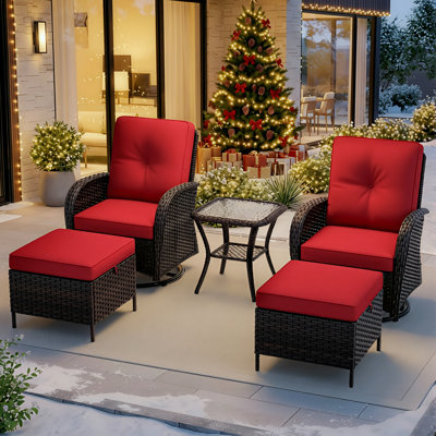 Ensemble de patio extérieur en osier pour 2 personnes avec chaises, repose-pieds, table d'appoint et coussins rouges