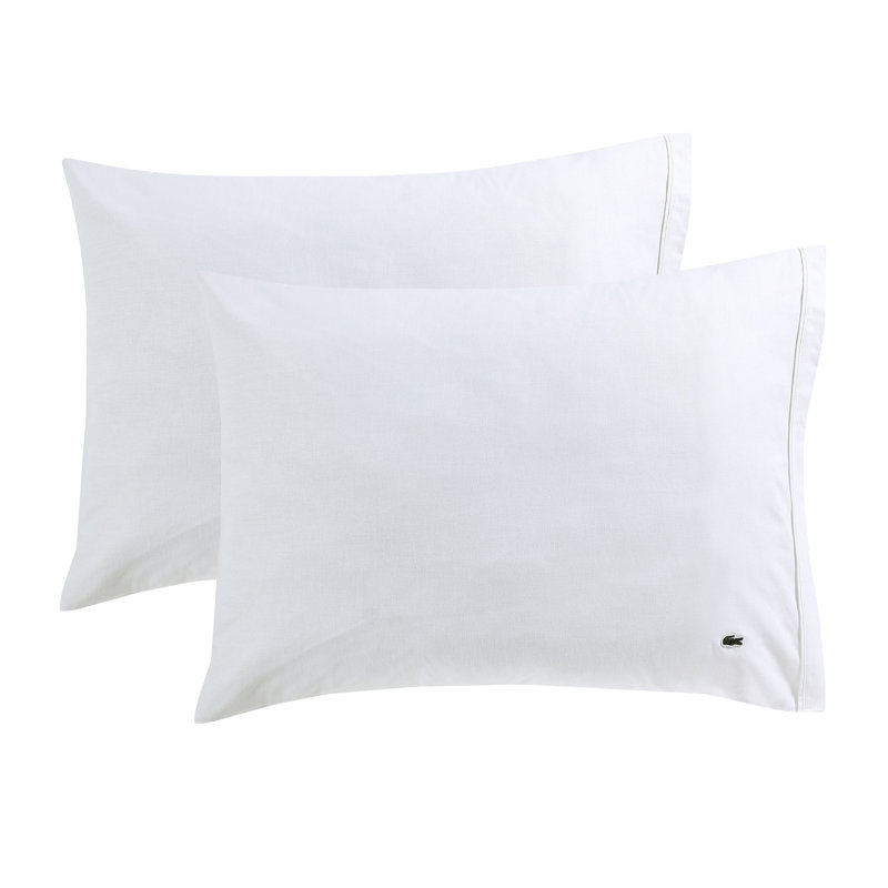 Ensemble de 2 taies d'oreiller en coton percale Lacost, standard, blanc, avec literie rafraîchissante et respirante, Blanc