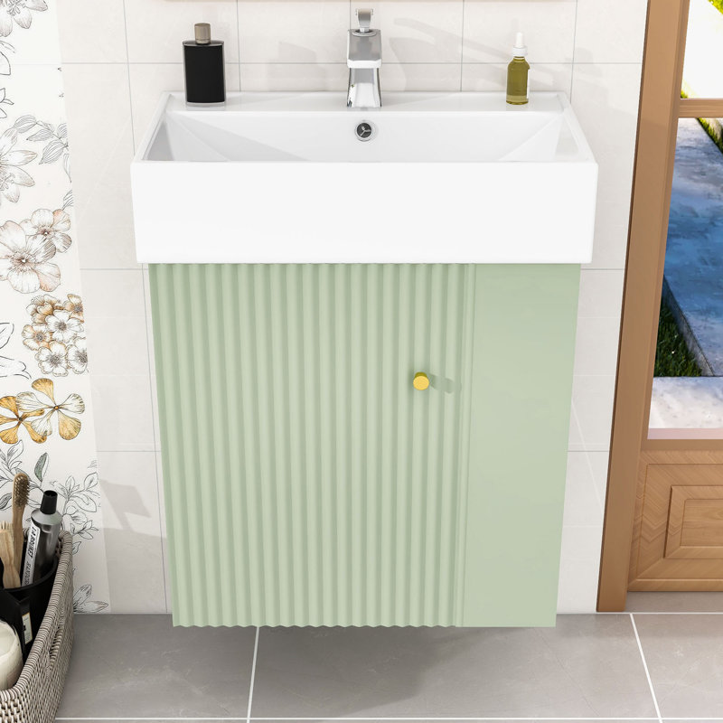 Meuble-lavabo flottant moderne avec lavabo en céramique, porte à motif de vagues et tablettes de rangement Maurice, Vert