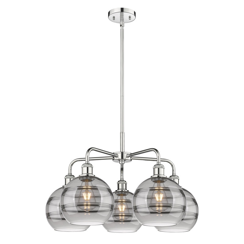 Lustre rond / ovale à abat-jour 5 lumières, H 15,38 po x l 26 po x P 26 po, Gris fumée clair, Chrome poli