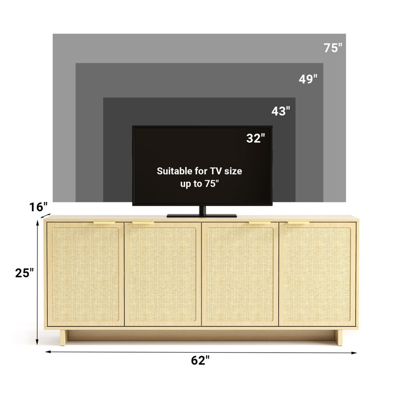 Rattan TV Stand For 65 70 75 80 Inch TV Boho 25" Tall TV Stands For Living Room With Storage TV Console With 4 Rattan Cabinets For Bedroom Farmhouse Wood Television Stands Light Oak