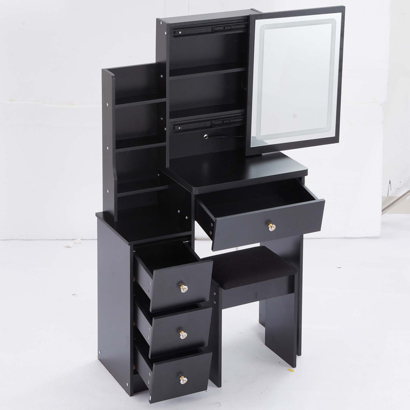 Tabouret de chevet de 29,2 po de petite taille avec tablette de chevet, grand tiroir coulissant, commande tactile, interrupteur tricolore, miroir à luminosité réglable, rangement à grande capacité
