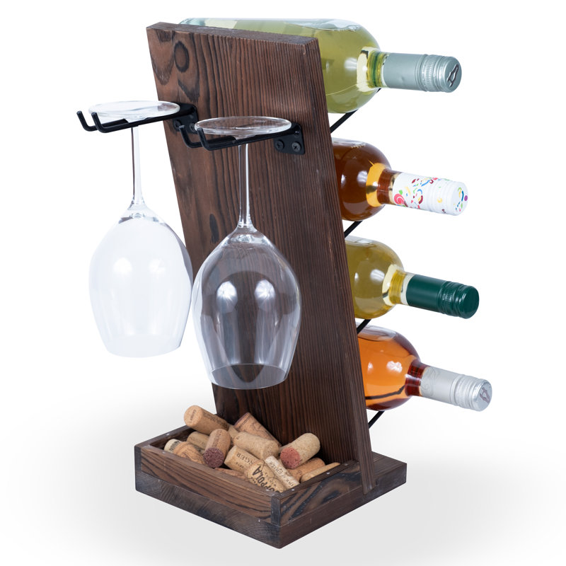 Support à vin de table pour 4 bouteilles avec 2 verres à pied et rangement en liège Loon Peak® Ates