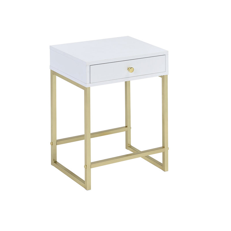 Sleek White Veneer & Brass Metal - 20Lbs Drawer Load, Contemporary Look Rectangular Nightstand 23In Package Depth, Functional