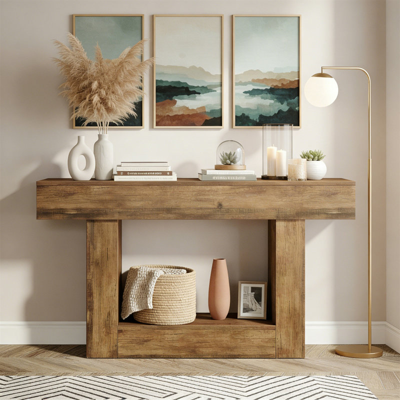 63" Wooden Console Table, Farmhouse 2-Tier Sofa Table Entryway Table, Rustic Brown, Rustic Brown