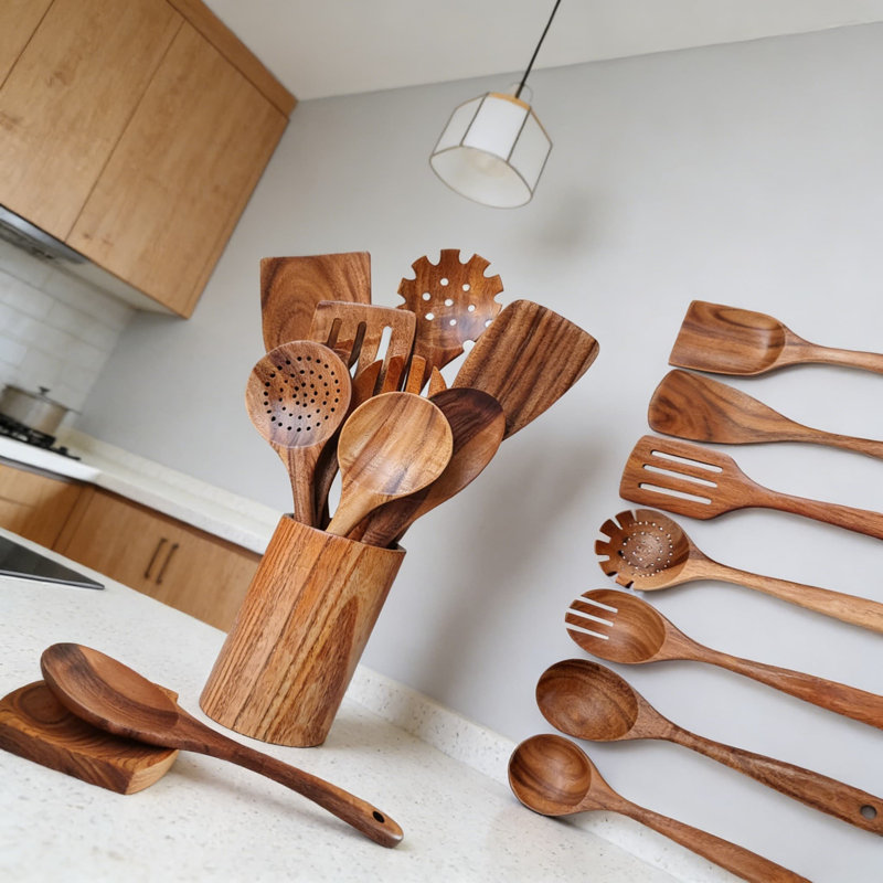 10-Piece Wooden Kitchen Utensil Set With Holder & Spoon Rest - Natural Wood Cooking Spoons, Spatulas, Pasta Server, Salad Fork, Skimmer For Non-Stick Cookware