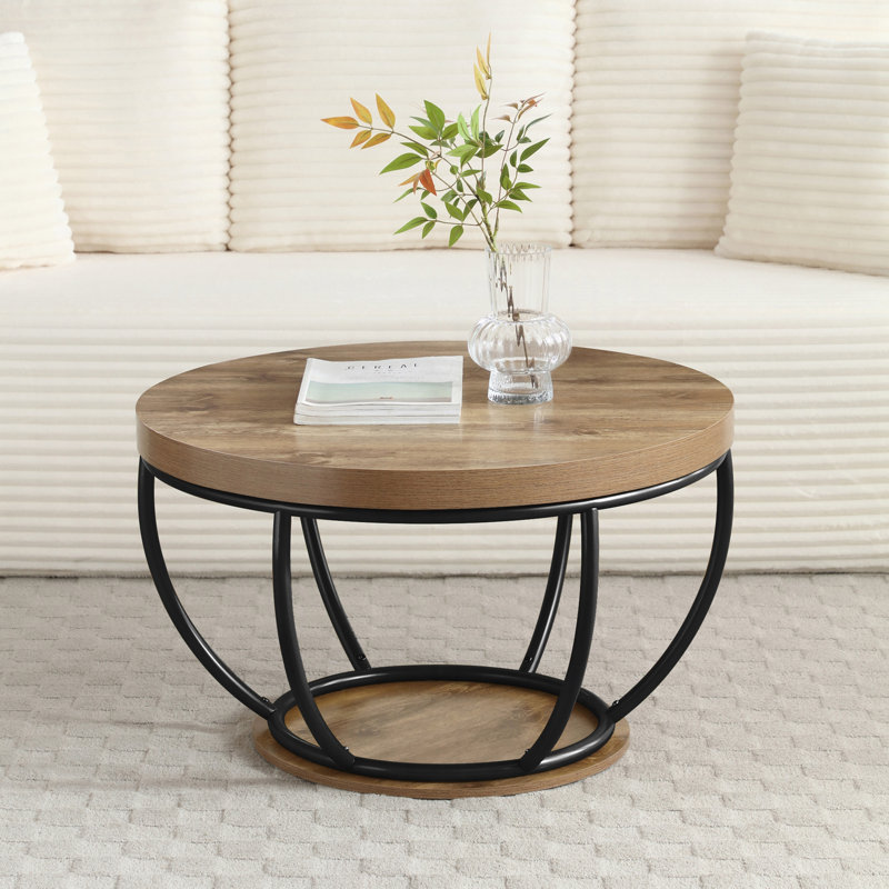 31" Round Industrial Coffee Table, 2-Tier Storage, Modern Wood & Black Metal Accent Center Table For Living Room, Home Office | Gift Idea