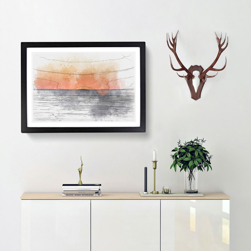 An Orange Sunset - Picture Frame Painting Print, 45cm H x 63cm W x 2cm D, Black Framed
