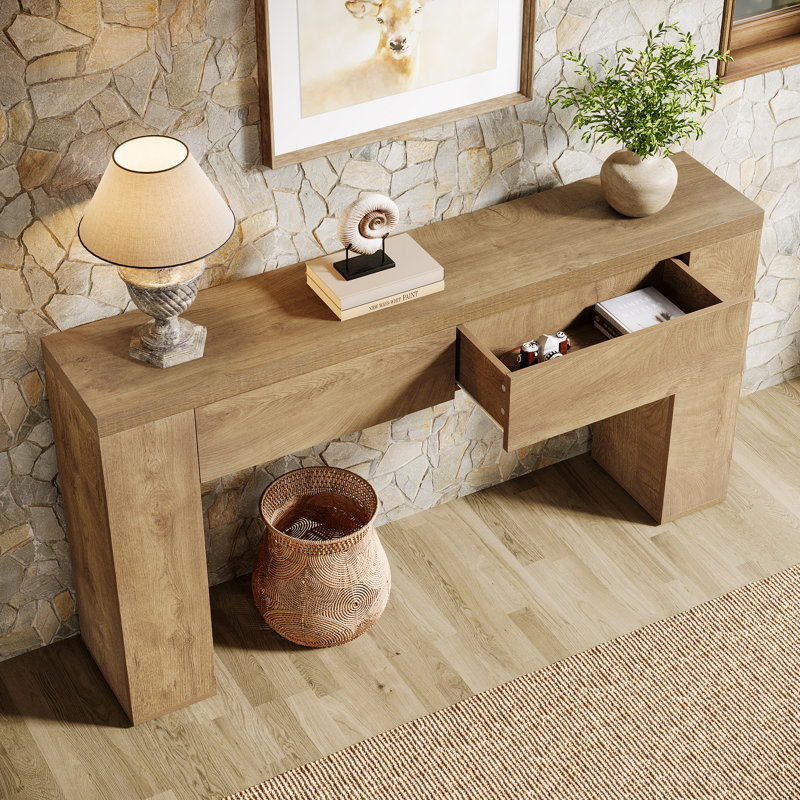 63-Inch Wooden Foyer Table With With 2 Hidden Drawers, Light Brown