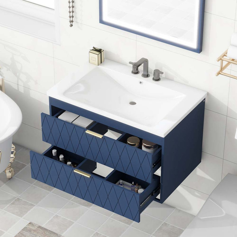 Meuble-lavabo mural 30 po avec lavabo en résine Agatia, Bleu marine