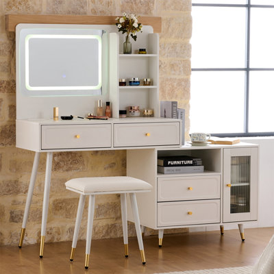 Bureau de coiffeuse moderne avec miroir et lumières, coiffeuse rétractable avec tiroirs et armoire, ensemble de table de maquillage compact avec prise de courant pour chambre à coucher, blanc