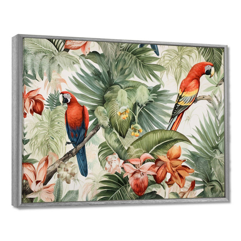 Perroquet au paradis I - art mural perroquet, H 30 po x l 40 po x P 1,5 po, Silver Floater Framed