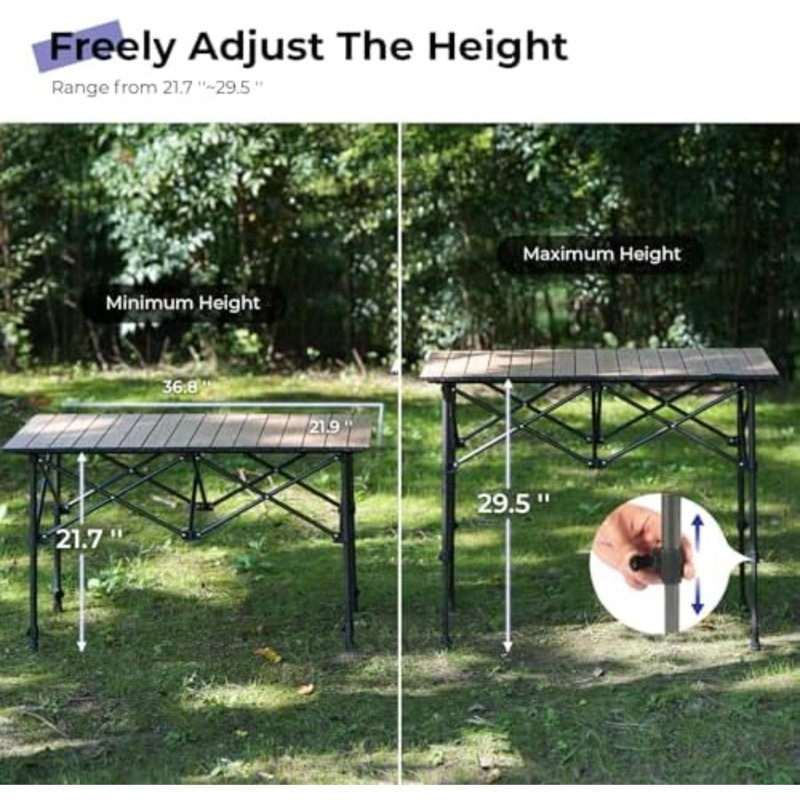 Table de camping pliante en aluminium, grain de bois | Conception pliable, plateau de table en aluminium enroulable, poids léger avec sac de transport, pieds réglables en hauteur, extérieur pour le camping, pique-nique