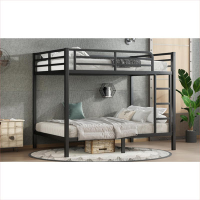 Sleek Black Full over Full Platform Bunk Bed, Solid Metal, Space-Saving, Noise-Reducing, No Box Spring Needed for Teens and Adults