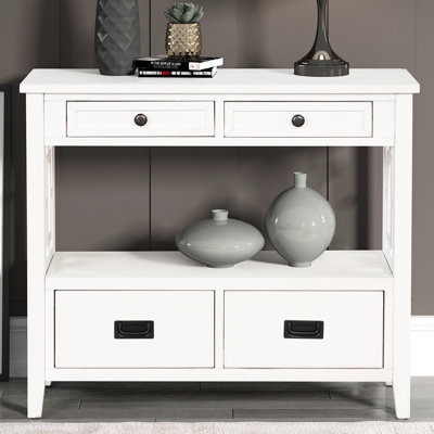 36'' Console Table. Antique White. 4 Drawers & 1 Shelf. Solid Wood Construction. For Living Room, Bedroom, Entryway Table In Pine Wood. Hallway. Spacious Storage Capacity