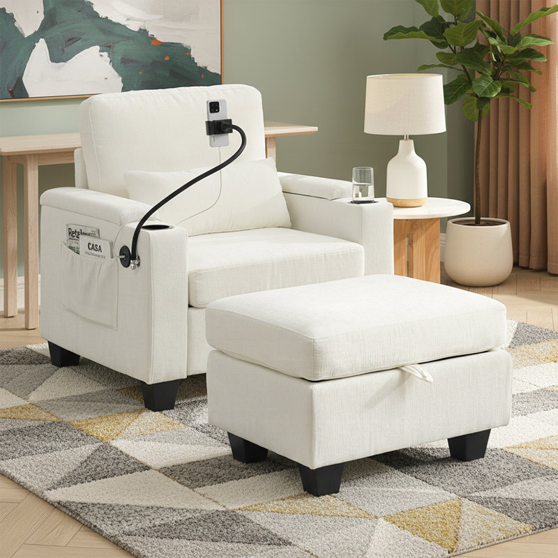 Single sofa recliner with manually adjustable backrest, USB charging port on the armrest side, and a matching storage ottoman