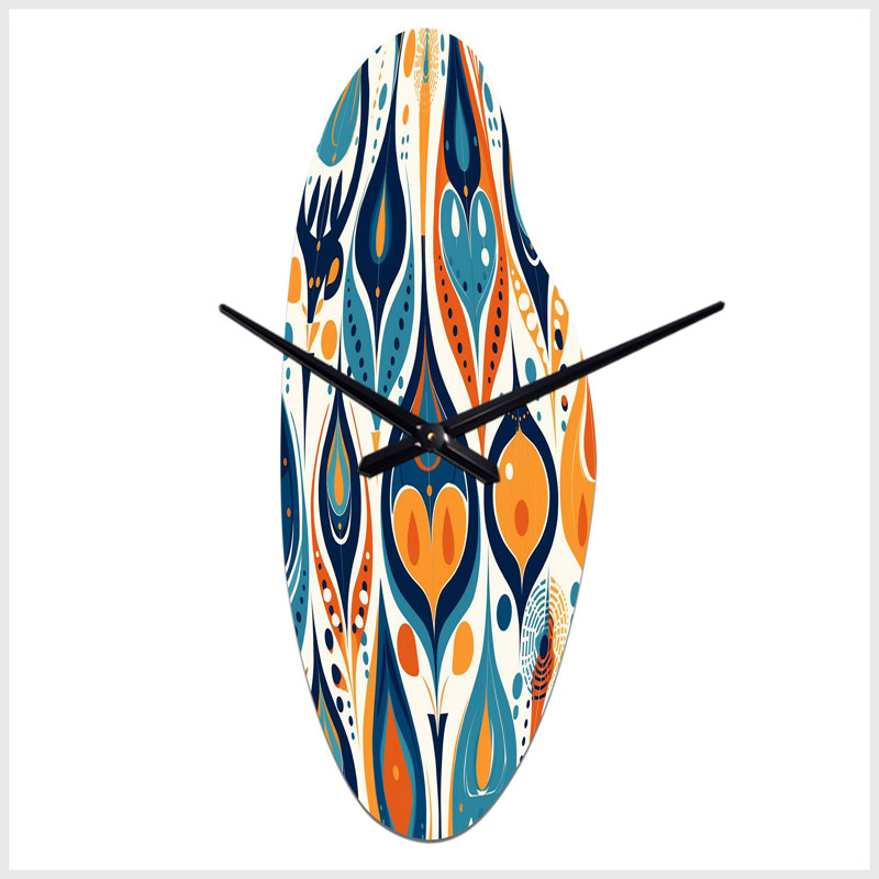 Orange et bleu Botanical Symphony II - horloges abstraites incurvées en métal, horloge murale asymétrique, Grand