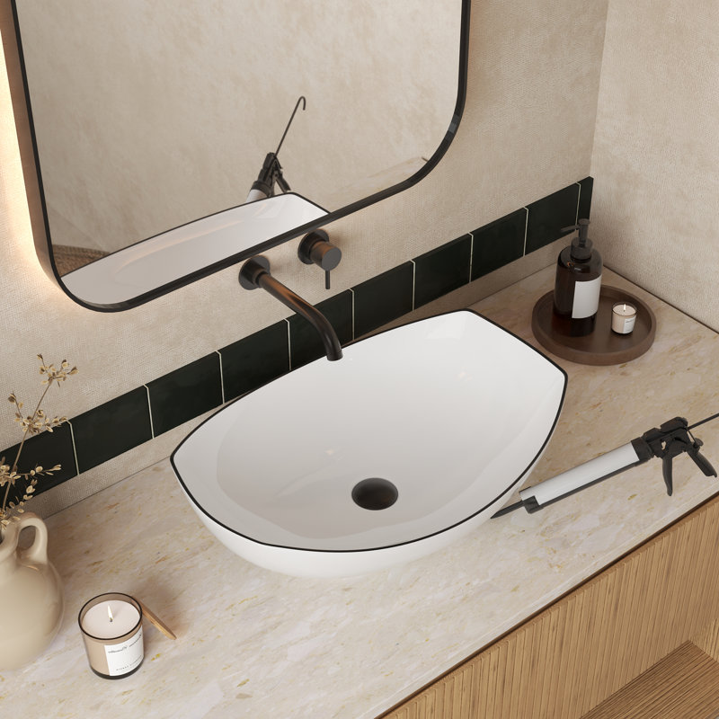 Lavabo de salle de bain vasque en céramique en forme de bateau 22 "x 16" avec bords noirs rayés Deervalley