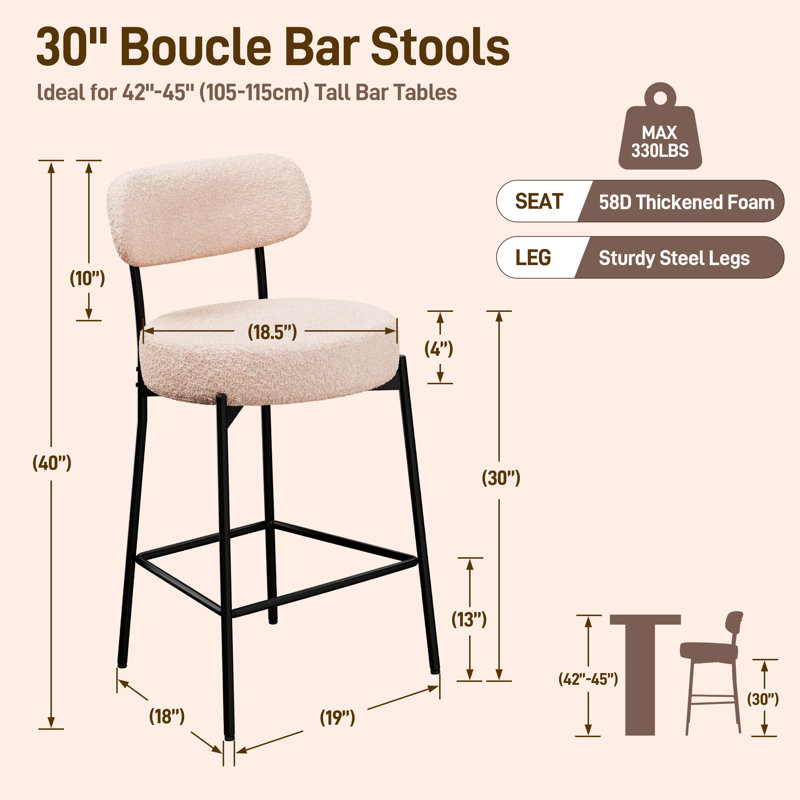 Tabouret de comptoir moderne à dossier courbé et rembourré, 3 Stools, Light Beige