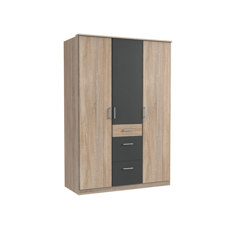 Arango 3 Door Manufactured Wood Wardrobe, Rough sawn oak/Graphite