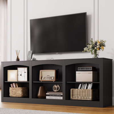 Modern TV Stand with Power Outlets, 70" Entertainment Center Storage, Black