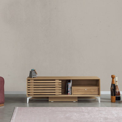 Meuble télé Modern Modern avec pieds en métal 59,1 po x 19,7 po x 16,1 po | 100% panneau de particules enduit de mélamine, épaisseur: 0,7 pouce | 1 tiroir, conception scandinave | Élégant et fonctionnel pour le salon et les espaces de divertissement