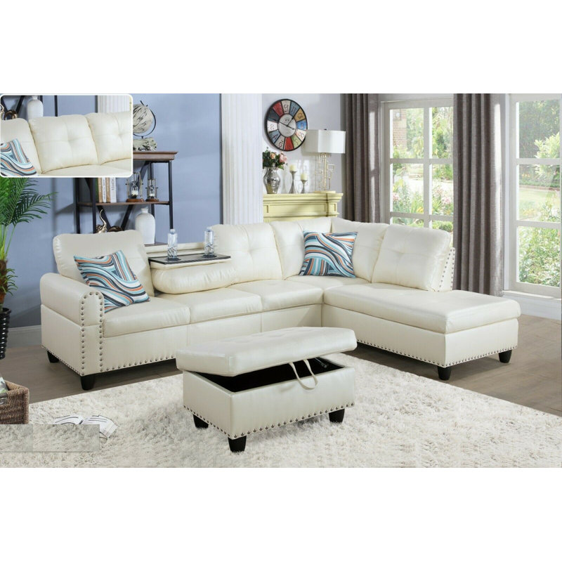 Plyler 97.2" Wide Modular Sectional with Ottoman, Right Hand Facing, Black Faux Leather