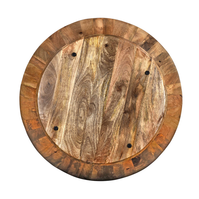 Rustic Mango Wood 35.5" Round Outdoor Drum Coffee Table in Dark Brown