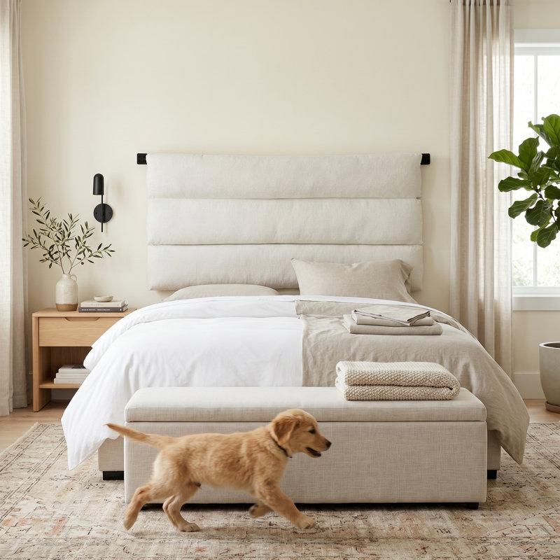 Linen Upholstered Wall-Mounted Headboard With Adjustable Height, Cream, Cream, King